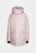 Helle rosa Daunenjacke mit Kapuze, großen Fronttaschen, einem durchgehenden Reißverschluss und kontrastierenden schwarzen Bündchen. Glatte Textur und gestepptes Design.