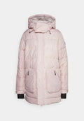 Helle rosa Daunenjacke mit Kapuze, großen Fronttaschen, einem durchgehenden Reißverschluss und kontrastierenden schwarzen Bündchen. Glatte Textur und gestepptes Design.