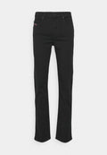 Schwarze gerade Jeans mit Front- und Gesäßtaschen, Knopfverschluss und sichtbaren Nähten auf einem weißen Hintergrund.