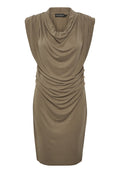 Ärmelloses Kleid mit Cowl-Neck in Khaki, mit Raffungen, aus weichem Stoff und mit einer figurbetonten Silhouette.