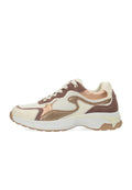 Sneaker mit einem beigen Mesh-Obermaterial, bronzefarbenen Akzenten und braunen Wildlederpartien. Verfügt über ein strukturiertes Muster und eine klobige weiße Sohle.