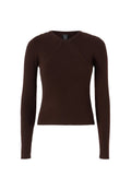 Brauner, gerippter Langarmpullover mit taillierter Silhouette, ausgestattet mit einem Rundhalsausschnitt und einem Überkreuz-Design an den Schultern.