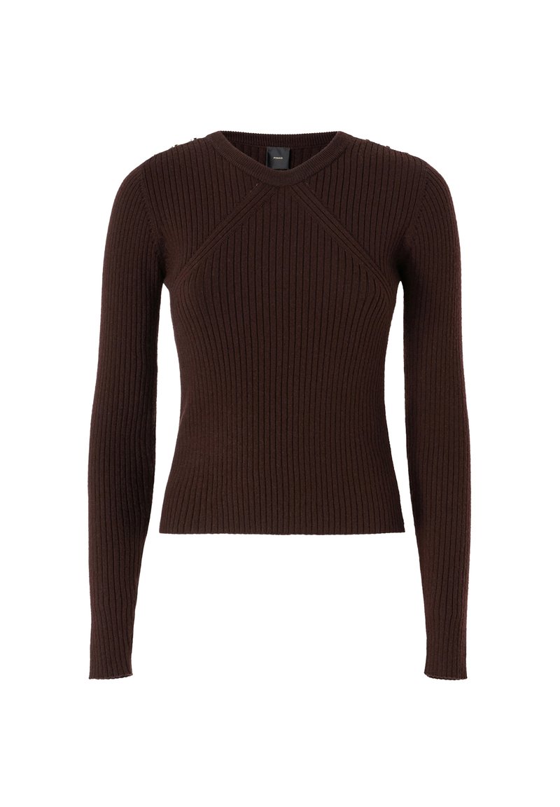 Brauner, gerippter Langarmpullover mit taillierter Silhouette, ausgestattet mit einem Rundhalsausschnitt und einem Überkreuz-Design an den Schultern.