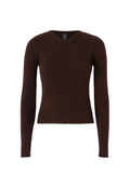 Brauner, gerippter Langarmpullover mit taillierter Silhouette, ausgestattet mit einem Rundhalsausschnitt und einem Überkreuz-Design an den Schultern.