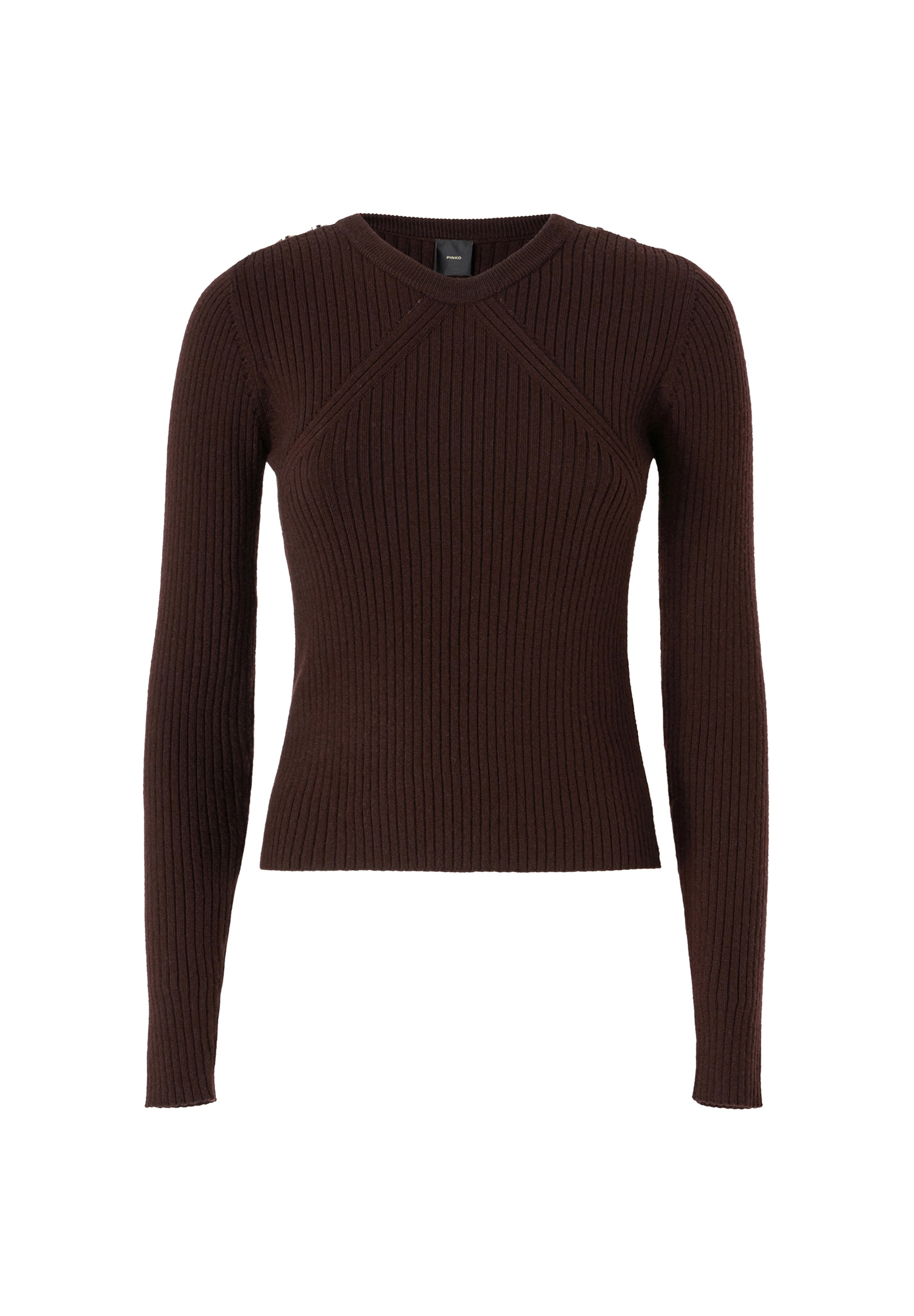 Brauner, gerippter Langarmpullover mit taillierter Silhouette, ausgestattet mit einem Rundhalsausschnitt und einem Überkreuz-Design an den Schultern.