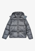 Graue Pufferjacke aus glänzendem Material. Verfügt über eine Kapuze, einen Frontreißverschluss und Seitentaschen. Enthält ein Logodetail auf Brust und Schulter.