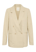 Beige, doppelt geknöpfter Blazer aus Leinenmaterial, mit Reverskragen, langen Ärmeln, zwei Fronttaschen und runden Knöpfen.