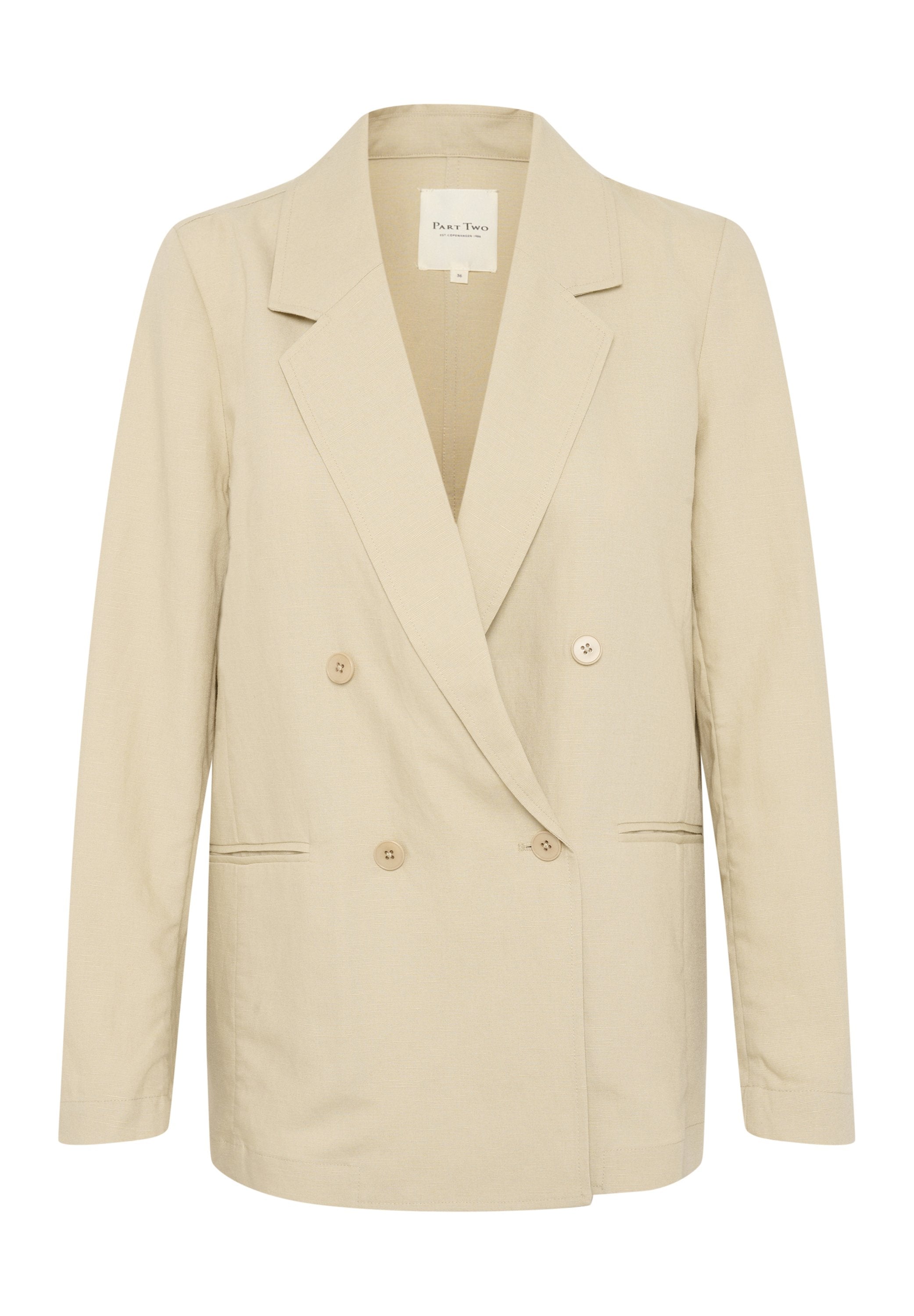 Beige, doppelt geknöpfter Blazer aus Leinenmaterial, mit Reverskragen, langen Ärmeln, zwei Fronttaschen und runden Knöpfen.