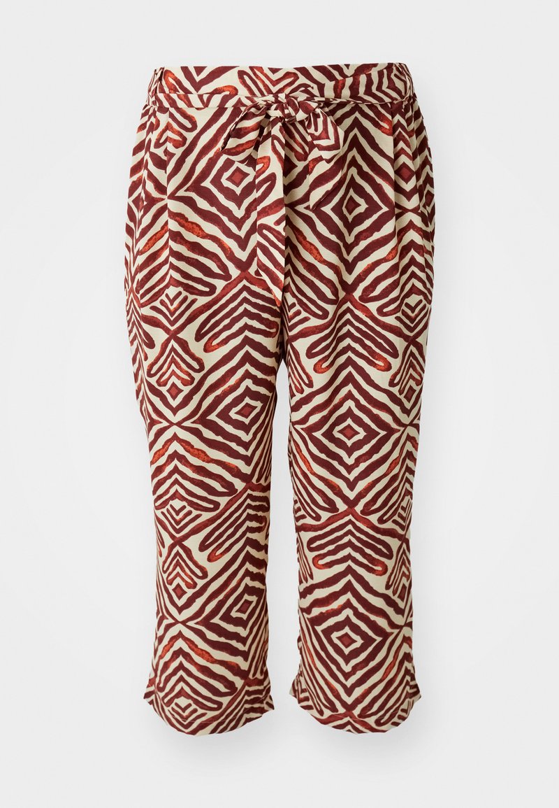 Rote und braune gemusterte Hosen mit einem elastischen Bund. Sie haben ein geometrisches Motiv auf einem hellen Hintergrund. Knöchellang und aus leichtem Stoff.