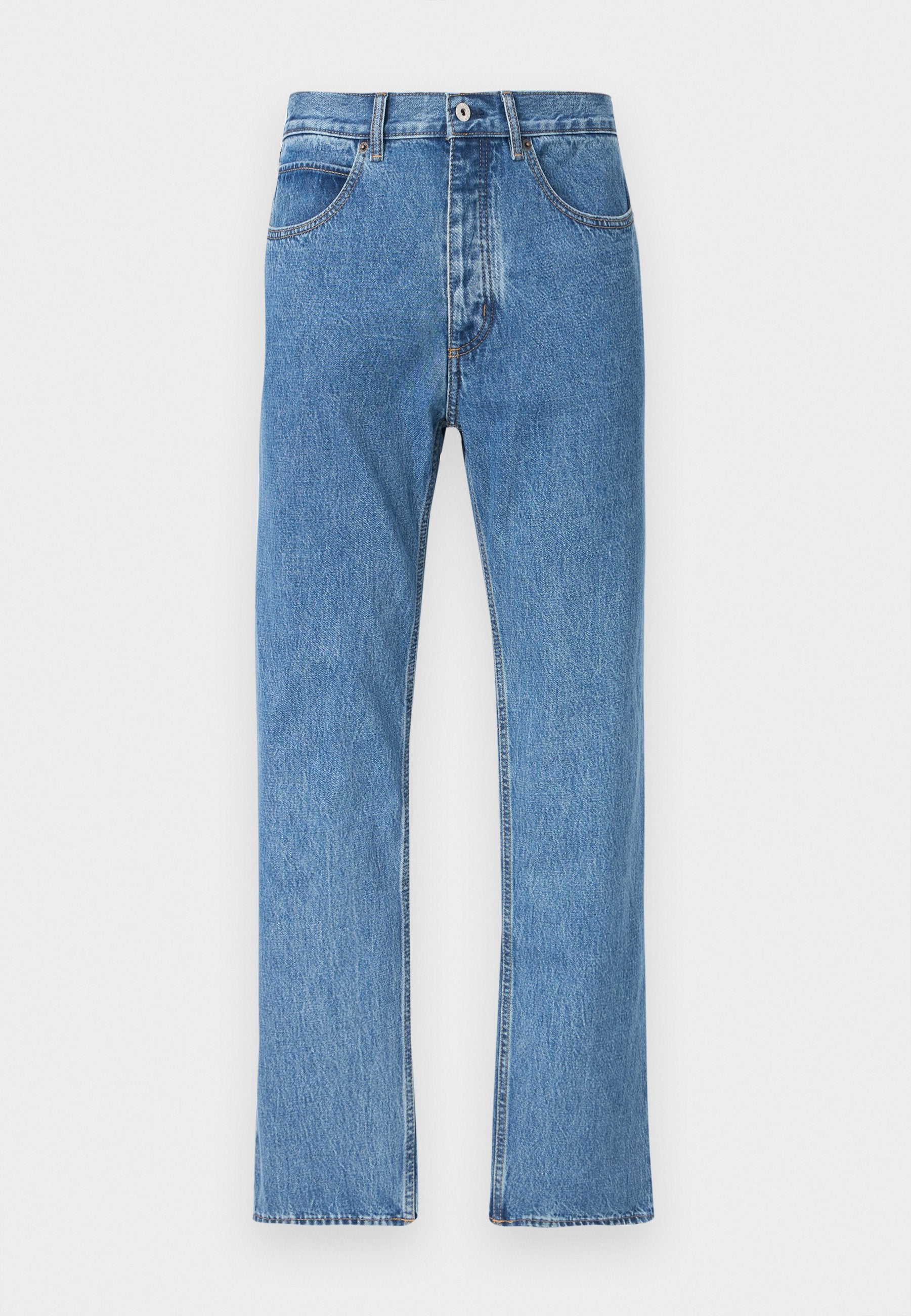 Blaue Jeans aus Denim mit geradem Bein, ausgestattet mit fünf Taschen, einem Knopf- und Reißverschluss sowie dezenten Verblassungen im Stoff.