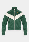 Grüne Trainingsjacke mit hohem Kragen, weißem Chevron-Design, Reißverschluss und gerippten Bündchen. Mit einem Logopatch auf der Brust.
