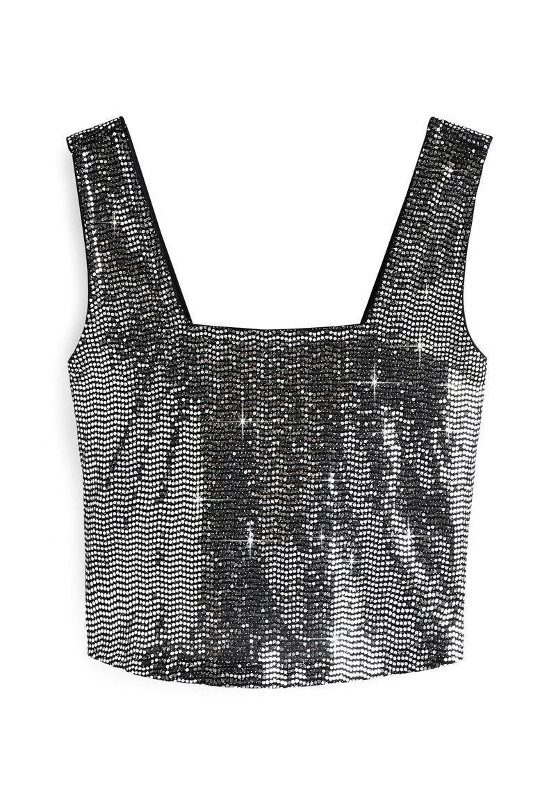 Schwarzes Crop-Top, das mit glänzenden silbernen Pailletten bedeckt ist. Es hat einen quadratischen Ausschnitt und breite Träger, was eine figurbetonte Silhouette schafft.