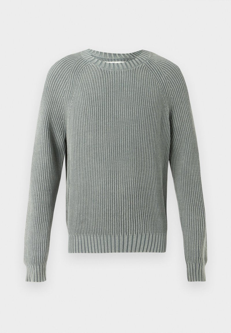 Hellgrüner, gerippter Pullover mit langen Ärmeln, rundem Ausschnitt und strukturiertem Finish. Verfügt über horizontale Rippungen und eng anliegende Ärmelbündchen.