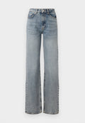 Helleblaue Jeans aus Denim mit hoher Taille, weitem Bein, verwaschenem Finish und subtilen distressierten Details. Klassischer Fünf-Taschen-Stil.
