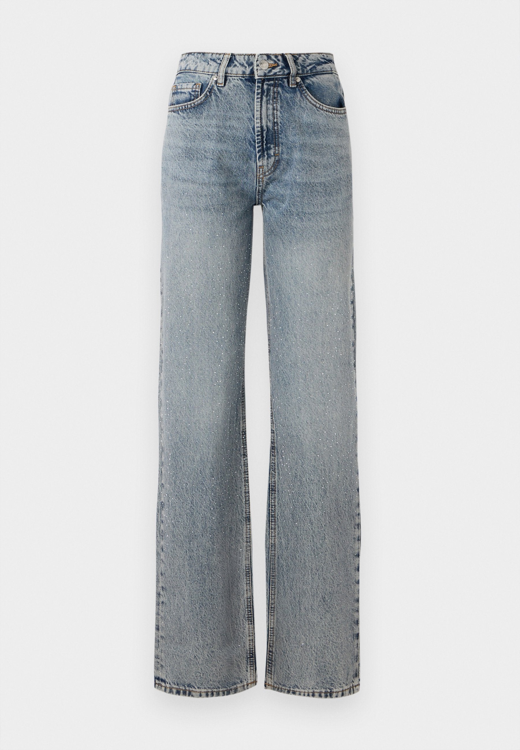 Helleblaue Jeans aus Denim mit hoher Taille, weitem Bein, verwaschenem Finish und subtilen distressierten Details. Klassischer Fünf-Taschen-Stil.