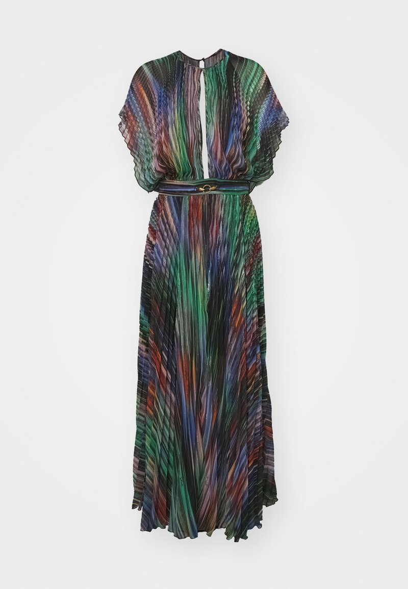 Mehrfarbiges, plissiertes Maxikleid mit kurzen Ärmeln, ausgestattet mit einem elastischen Taillenbund und einer Vielzahl von Grüntönen, Blautönen, Orangetönen und Schwarz.