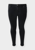 Schwarze Skinny-Jeans mit vorderer Knopfleiste, Reißverschluss und Fünf-Taschen-Stil, vor einem schlichten Hintergrund präsentiert.