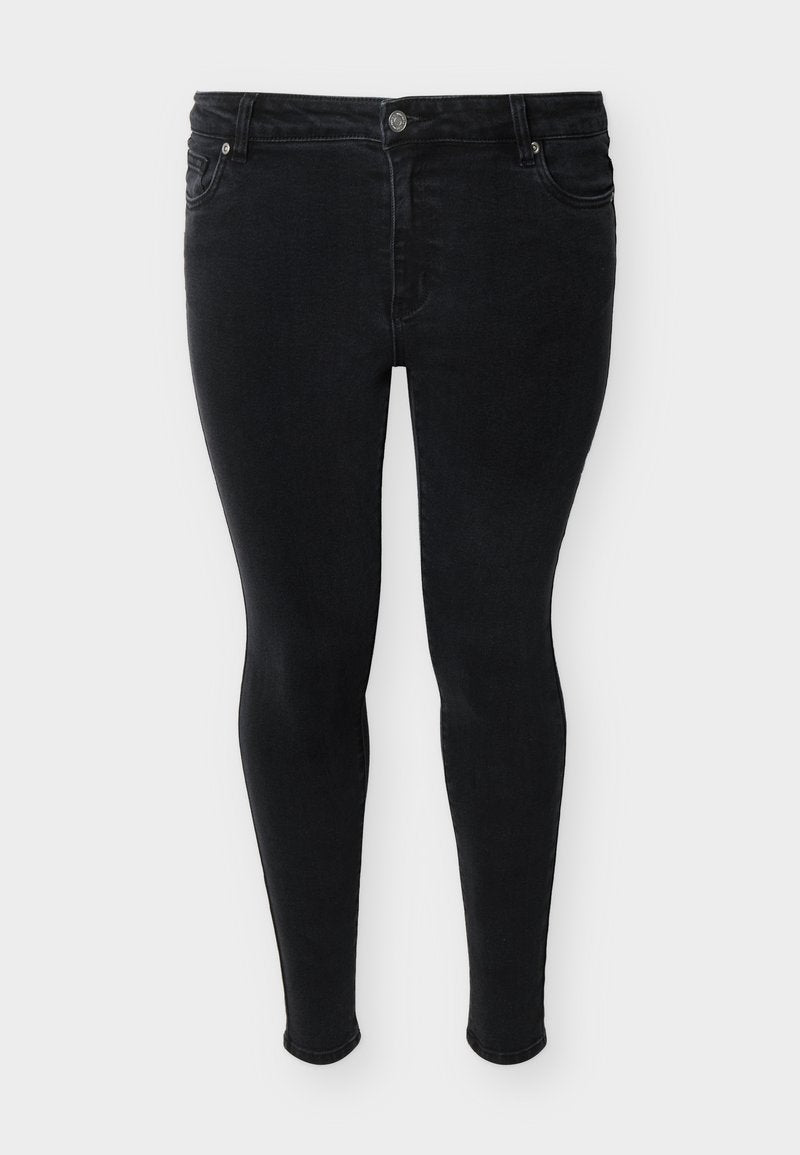 Schwarze Skinny-Jeans mit vorderer Knopfleiste, Reißverschluss und Fünf-Taschen-Stil, vor einem schlichten Hintergrund präsentiert.