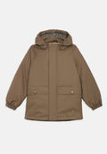 Braune, kapuzenjacke mit elastischen Bündchen, zwei Fronttaschen und Druckknöpfen. Glattes, wasserabweisendes Material mit kariertem Futter.