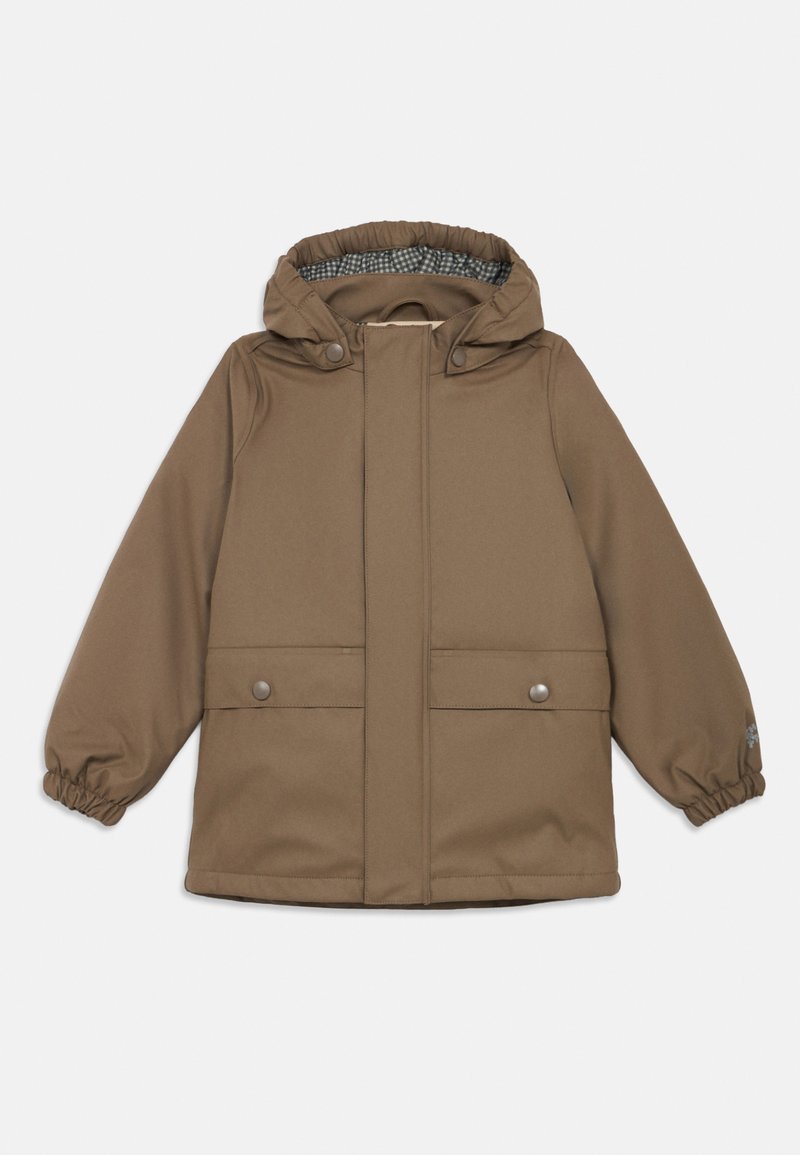 Braune, kapuzenjacke mit elastischen Bündchen, zwei Fronttaschen und Druckknöpfen. Glattes, wasserabweisendes Material mit kariertem Futter.