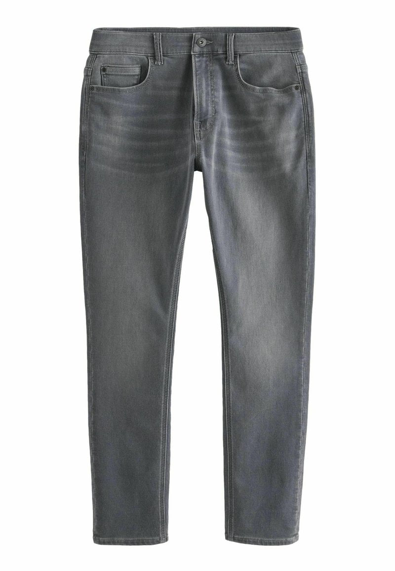 Graue Denim-Jeans mit slim Fit. Mit Fronttaschen, Knopfverschluss und dezentem Used-Look an den Oberschenkeln. Gerade Bein-Design.