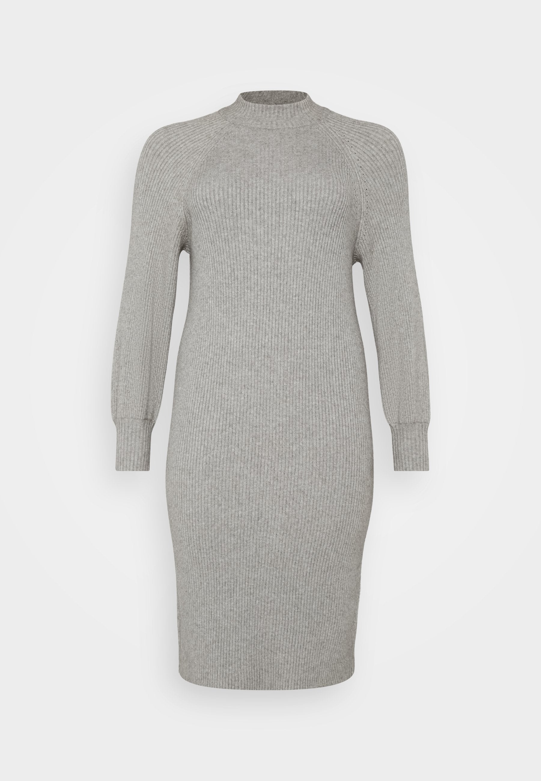 Grau gestreiftes Strickkleid mit langen, leicht puffigen Ärmeln und hohem Kragen. Figurbetonte Silhouette mit einem knielangen Saum. Glatte Textur.