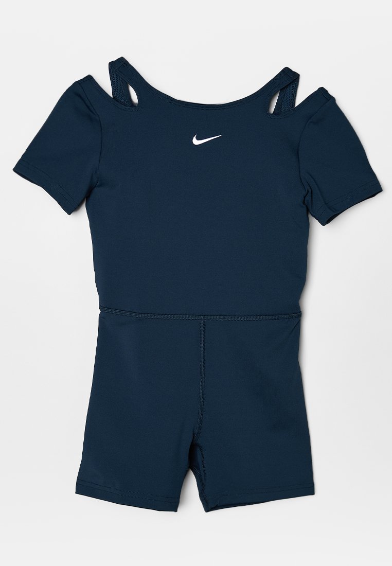 Marineblauer athletischer Kurzarm-Overall mit Cutouts an den Schultern und weißem Nike-Logo in der Mitte der Brust.