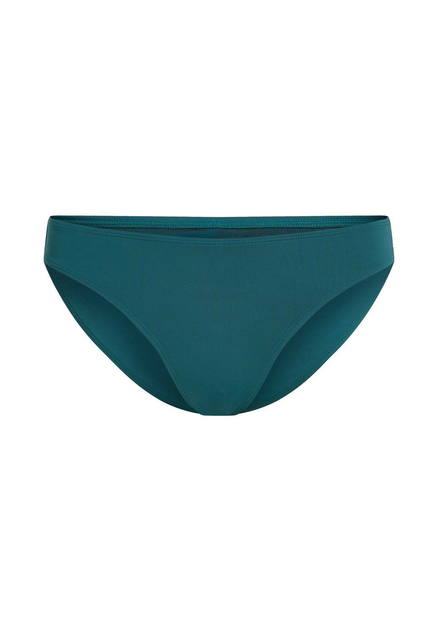 Türkisfarbene Bikini-Slips aus glattem, elastischem Stoff. Merkmale sind ein niedrig geschnittener Bund und ein minimalistischer Stil ohne sichtbare Verzierungen oder Muster.