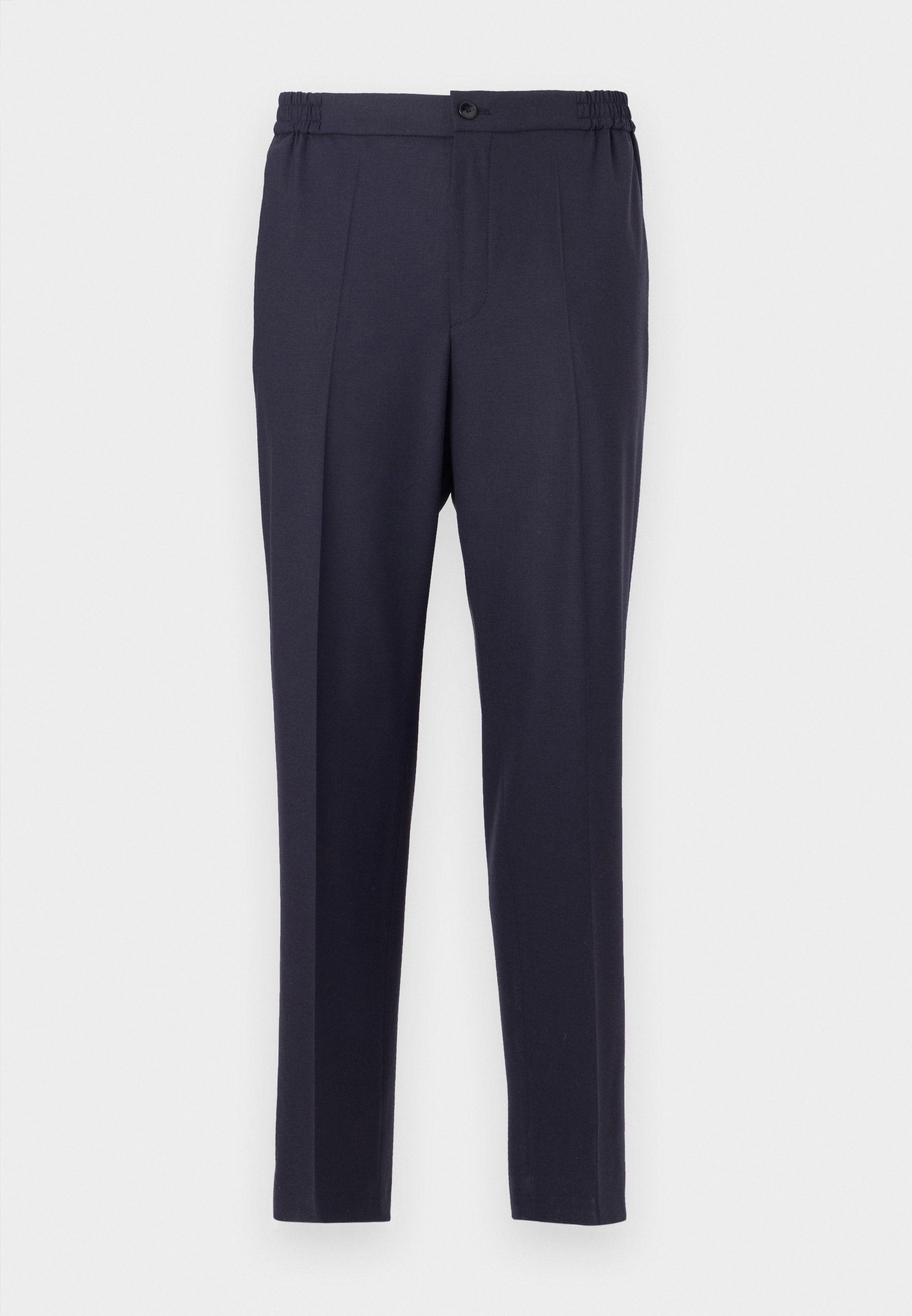 Navyblaue Hose mit flacher Front, elastischem Bund und Knopfverschluss. Gerader Schnitt und glatte Textur, geeignet für formelle oder legere Anlässe.