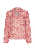 Leichtes, durchsichtiges Blusenshirt in Koralle mit weißem Paisleymuster, mit V-Ausschnitt und langen Ärmeln mit elastischen Bündchen.