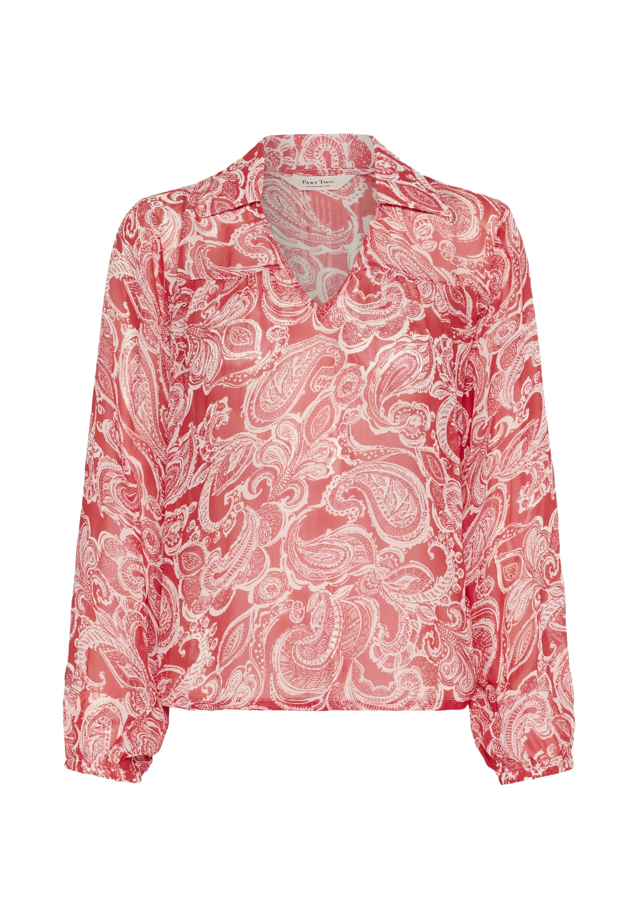 Leichtes, durchsichtiges Blusenshirt in Koralle mit weißem Paisleymuster, mit V-Ausschnitt und langen Ärmeln mit elastischen Bündchen.