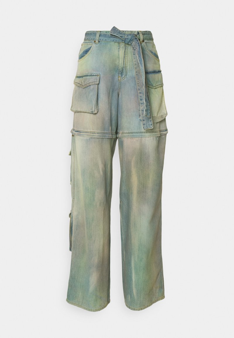 Hochgeschnittene Denim-Cargo-Hosen mit großen Klappentaschen, einem Stoffgürtel, der auf Taillenhöhe gebunden ist, und einem weiten Bein-Design in einem verwaschenen Blau-Grün. 