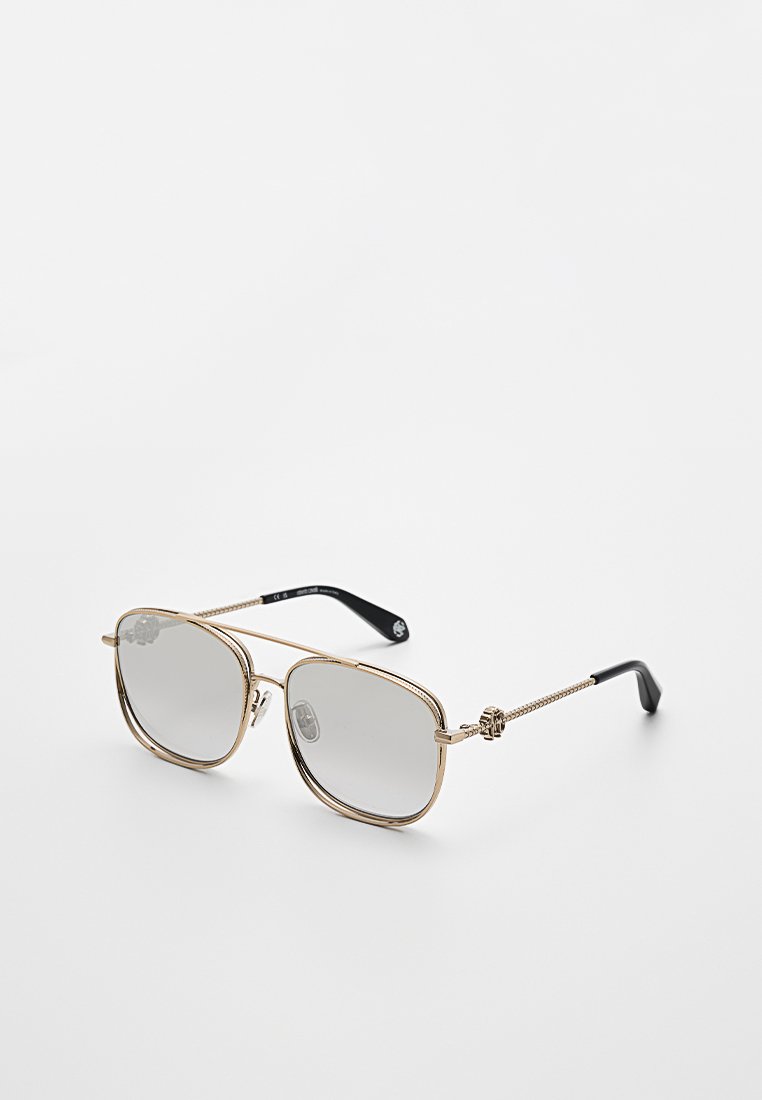 Metallsonnenbrille mit goldfarbigem Rahmen, quadratischer Form, grauen Gläsern und schwarzen Bügelenden; verfügt über dekorative Details an den Bügeln.
