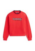 Rotes Sweatshirt mit Rippstrick, rundem Ausschnitt und langen Ärmeln. Mit den aufgestickten Wörtern "tommy" und "JEANS" in kontrastierenden Farben.