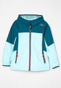 Teal und hellblaue Zip-Jacke mit Kapuze, ausgestattet mit zwei Seitentaschen, gerippten Bündchen und einem Netzfutter. CMP-Logo auf der oberen linken Seite.