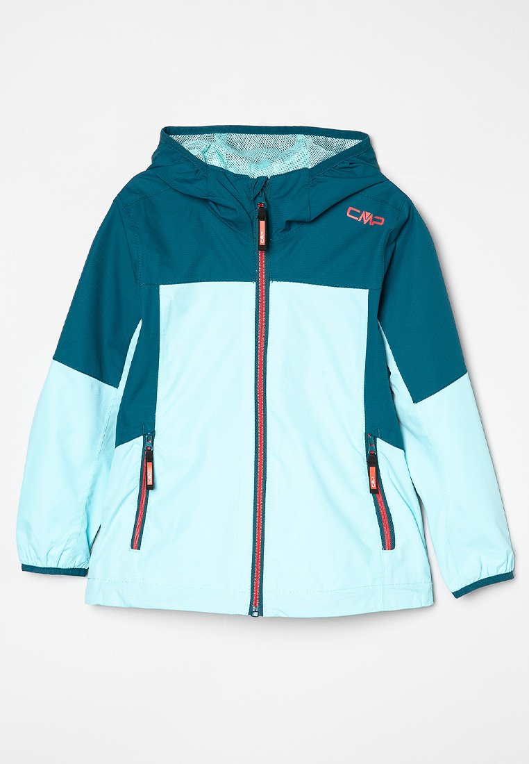 Teal und hellblaue Zip-Jacke mit Kapuze, ausgestattet mit zwei Seitentaschen, gerippten Bündchen und einem Netzfutter. CMP-Logo auf der oberen linken Seite.