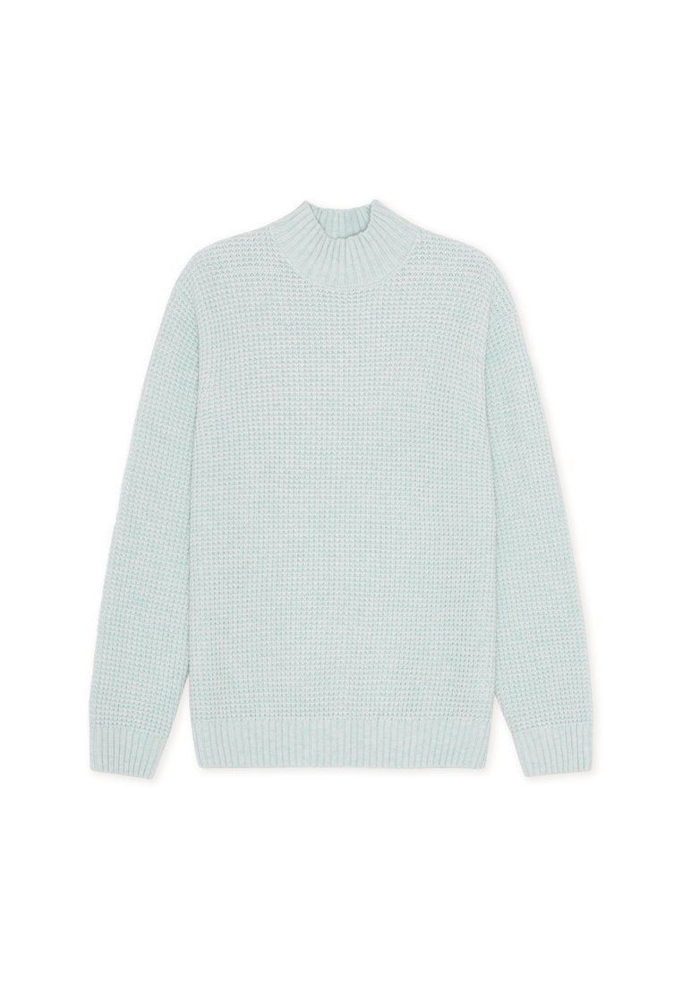 Helles Blau, gestrickter Pullover mit hochgeschlossenem Kragen, gerippten Bündchen und Saum. Verfügt über ein strukturiertes Muster und eine lockere Passform.