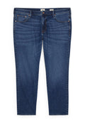 Dunkelblaue Jeans aus Denim mit geradem Bein, fünf Taschen, Hardware in Kupferoptik und dezentem Verblassen des Stoffes.