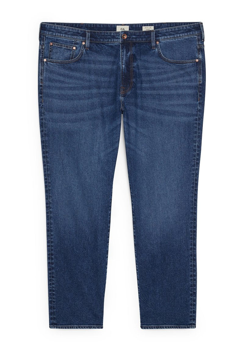 Dunkelblaue Jeans aus Denim mit geradem Bein, fünf Taschen, Hardware in Kupferoptik und dezentem Verblassen des Stoffes.