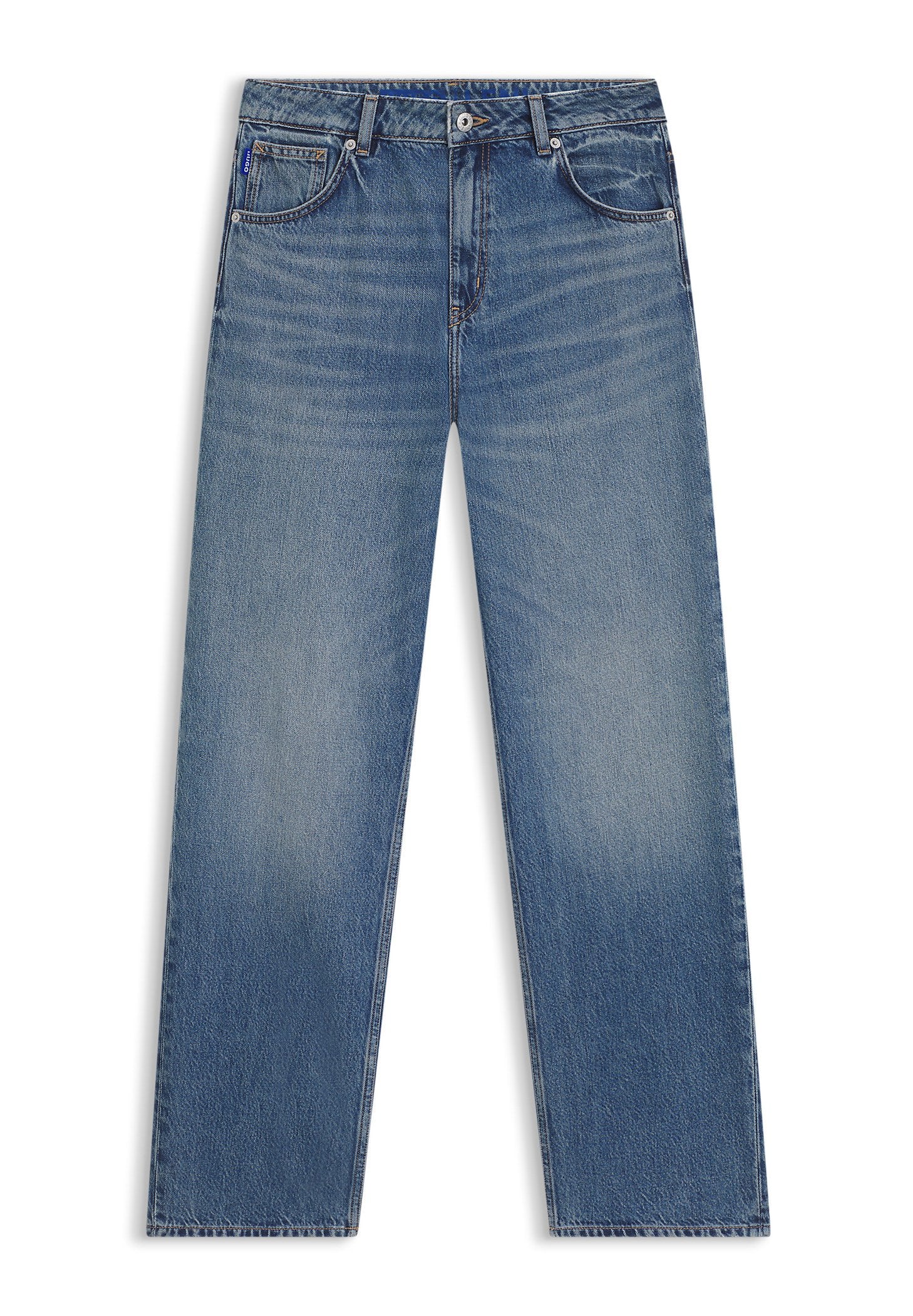 Hellblaue Denim-Jeans mit geradem Schnitt, fünf Taschen und dezentem Used-Look. Sie verfügen über einen Standardbund und kontrastierende Nähte.