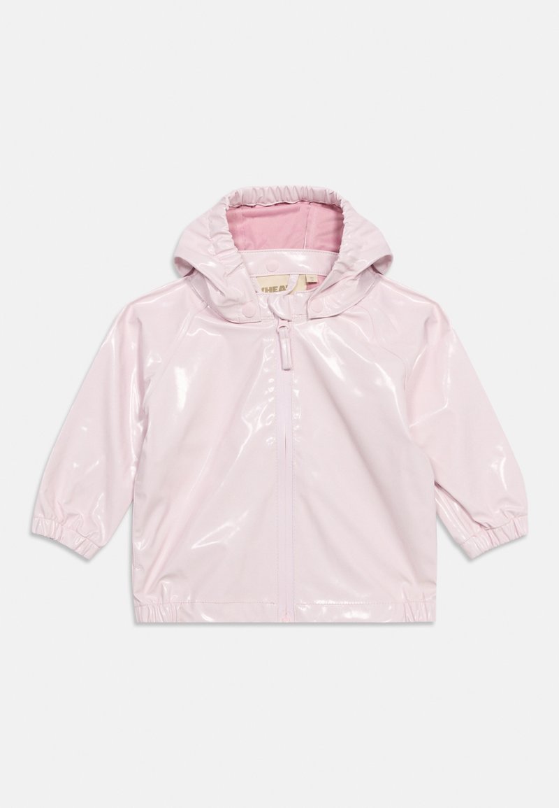 Hellrosa glänzende wasserdichte Kapuzenjacke mit Frontreißverschluss und elastischen Bündchen, für kleine Kinder entwickelt.