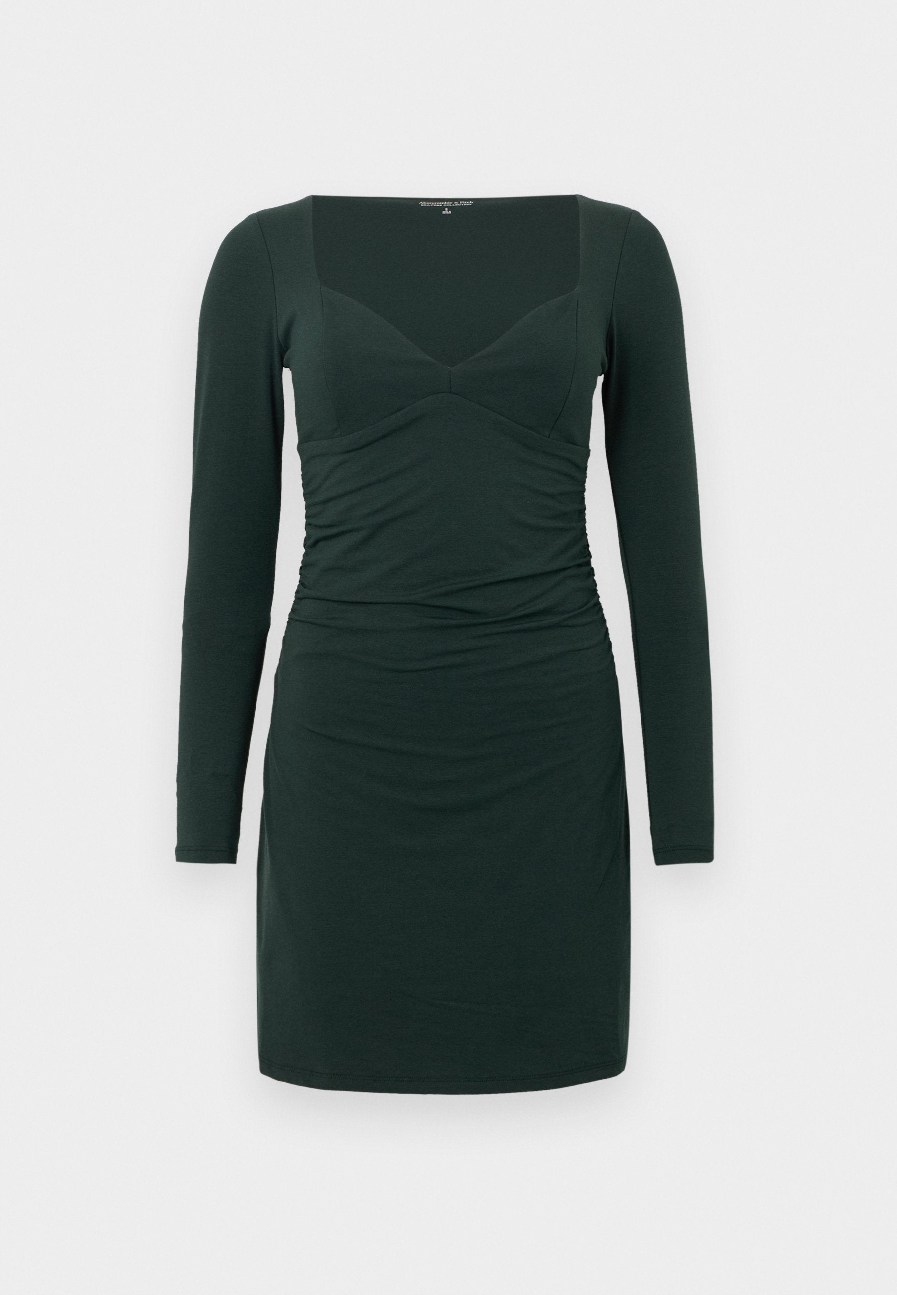 Langärmliges, dunkelgrünes Kleid mit quadratischem Ausschnitt, gerafften seitlichen Details, körperbetonter Form und weichem, dehnbarem Stoff.