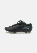 Schwarze Fußballschuhe mit strukturiertem Synthetik-Obermaterial, grünen Akzenten und sechs Stollen für Traktion. Verfügt über ein Schnürdesign und minimalistisches Branding.