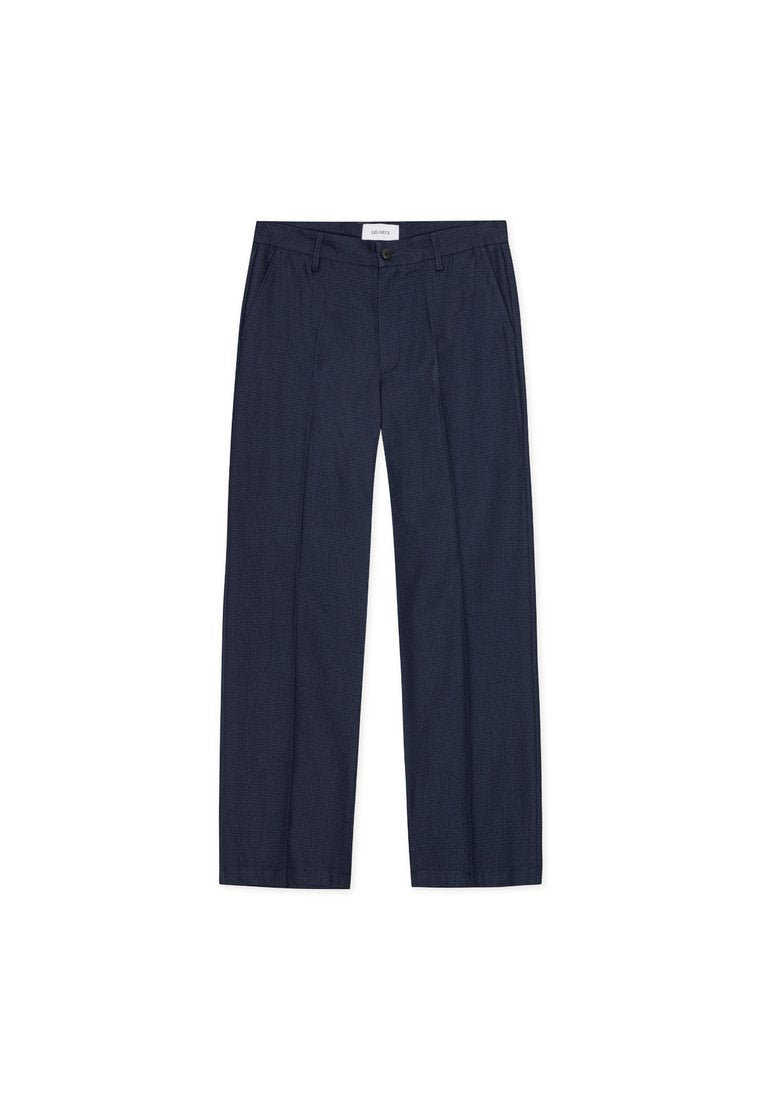 Marineblaue, maßgeschneiderte Hose mit feinem Kariermuster, geradem Beinverlauf, Vorderfalten und Seitentaschen. Verfügt über einen klassischen Knopfverschluss.