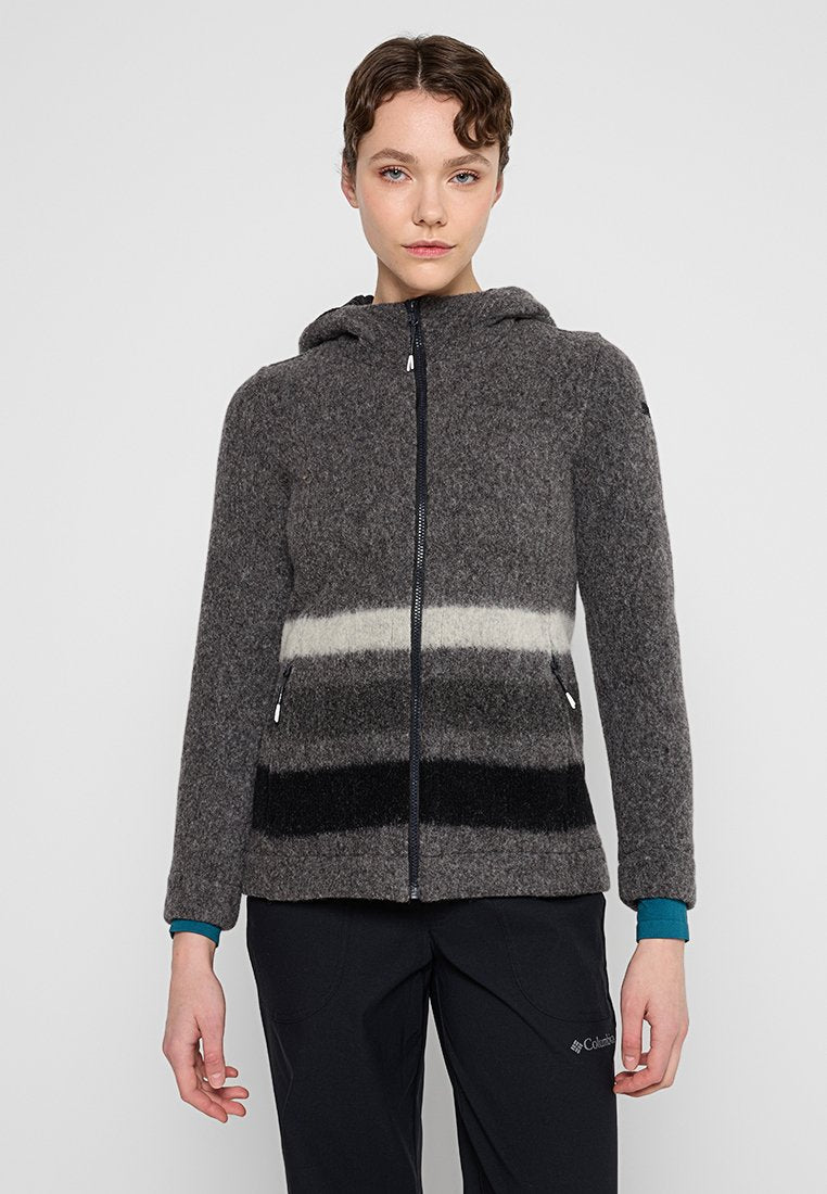 Grau melierte Wollmischung Jacke mit Kapuze, Reißverschluss und Seitentaschen; verfügt über horizontale Streifen in Schwarz und Weiß auf der Vorderseite.