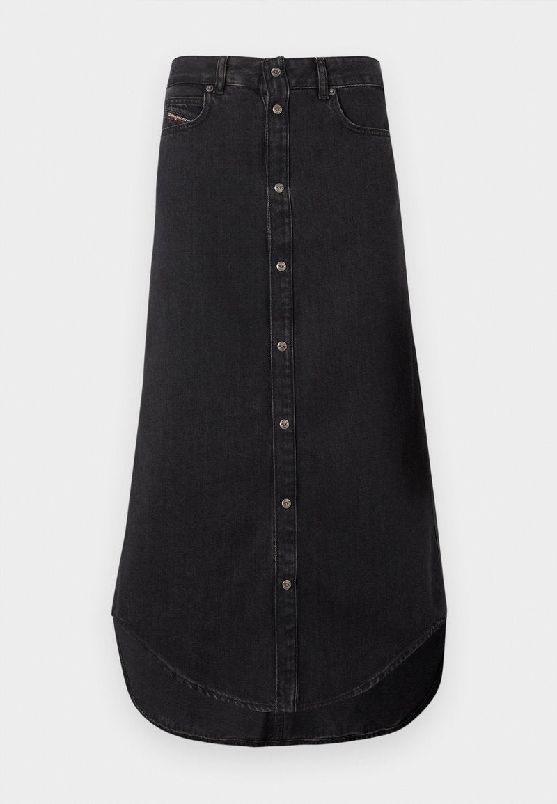 Schwarzer Denim-Midirock mit Knopfverschluss vorne, fünf Taschen und abgerundetem Saum.