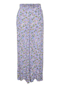 Blumenmuster-weit geschnittene Hose aus leichtem Material. Mit lilafarbener Basis und grünen sowie lila Blumenmustern. Elastischer Bund, lockere Passform.