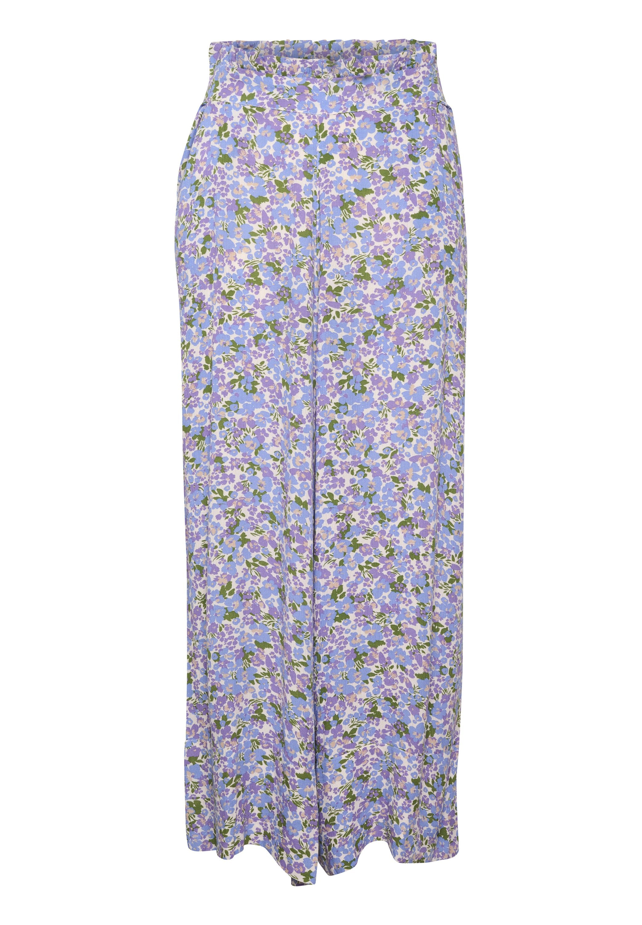 Blumenmuster-weit geschnittene Hose aus leichtem Material. Mit lilafarbener Basis und grünen sowie lila Blumenmustern. Elastischer Bund, lockere Passform.