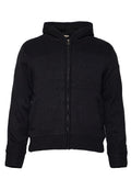 Schwarzer Kapuzenpullover mit Reißverschluss aus strukturiertem Stoff mit geripptem Design, mit Kapuze und zwei Seitentaschen.