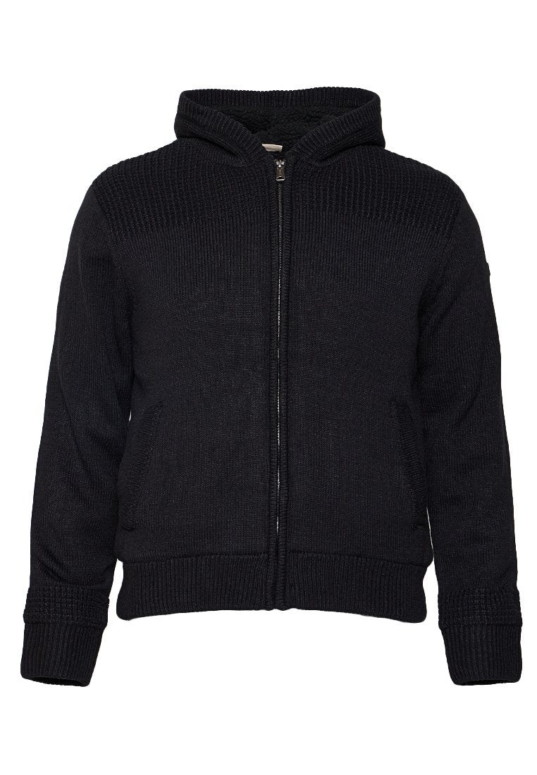 Schwarzer Kapuzenpullover mit Reißverschluss aus strukturiertem Stoff mit geripptem Design, mit Kapuze und zwei Seitentaschen.